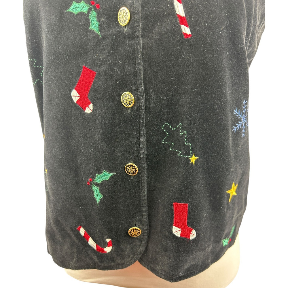 Talbots Christmas Themed Black Velvet Lined Button Up Vest Holiday Print Large - Picture 6 of 14